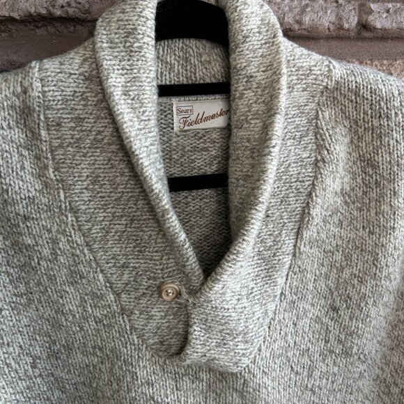 Vintage Oatmeal Heather Marl Rag Wool Sears Fieldmaster Shawl Collar Sweater - Picture 4 of 7